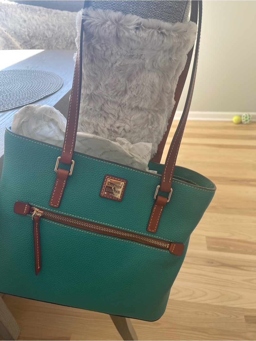 Dooney & Bourke Teal Pebbled Leather Tote with Brown Trim and Gold Hardware